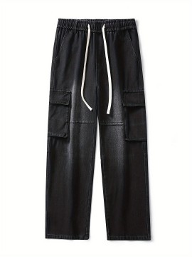 Men's Loose Gradient Color Denim Trousers With Pockets, Causal Drawstring Cotton Blend Jeans For Outdoor Activities