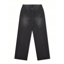 Men's Vintage Style Washed Denim Jeans with Embroidered Spider Web Design – Relaxed Fit, All-Season Casual Wear