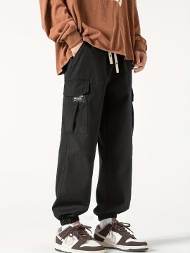 [1pc Men'S Casual Cargo Pants] Men'S Casual Cargo Pants, Polyester 100%, Loose Fit, Non-Stretch, Solid Color, with Drawstring, Multiple Pockets, for Spring/Fall, Woven Regular Length