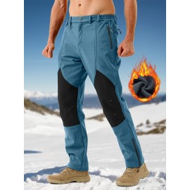 1pc ZUTY Men'S Fleece-Lined Waterproof Ski Pants, Softshell Color Block Sports Style with Zipper, Slight Stretch Polyester, Regular Fit for Snowboarding, Hiking - Woven Outdoor Trousers